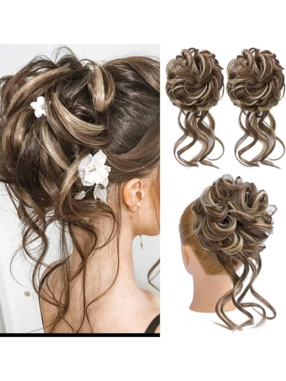 Messy Bun Hair Piece Set, Tousled Updo Extensions, Wavy Curly Ponytail